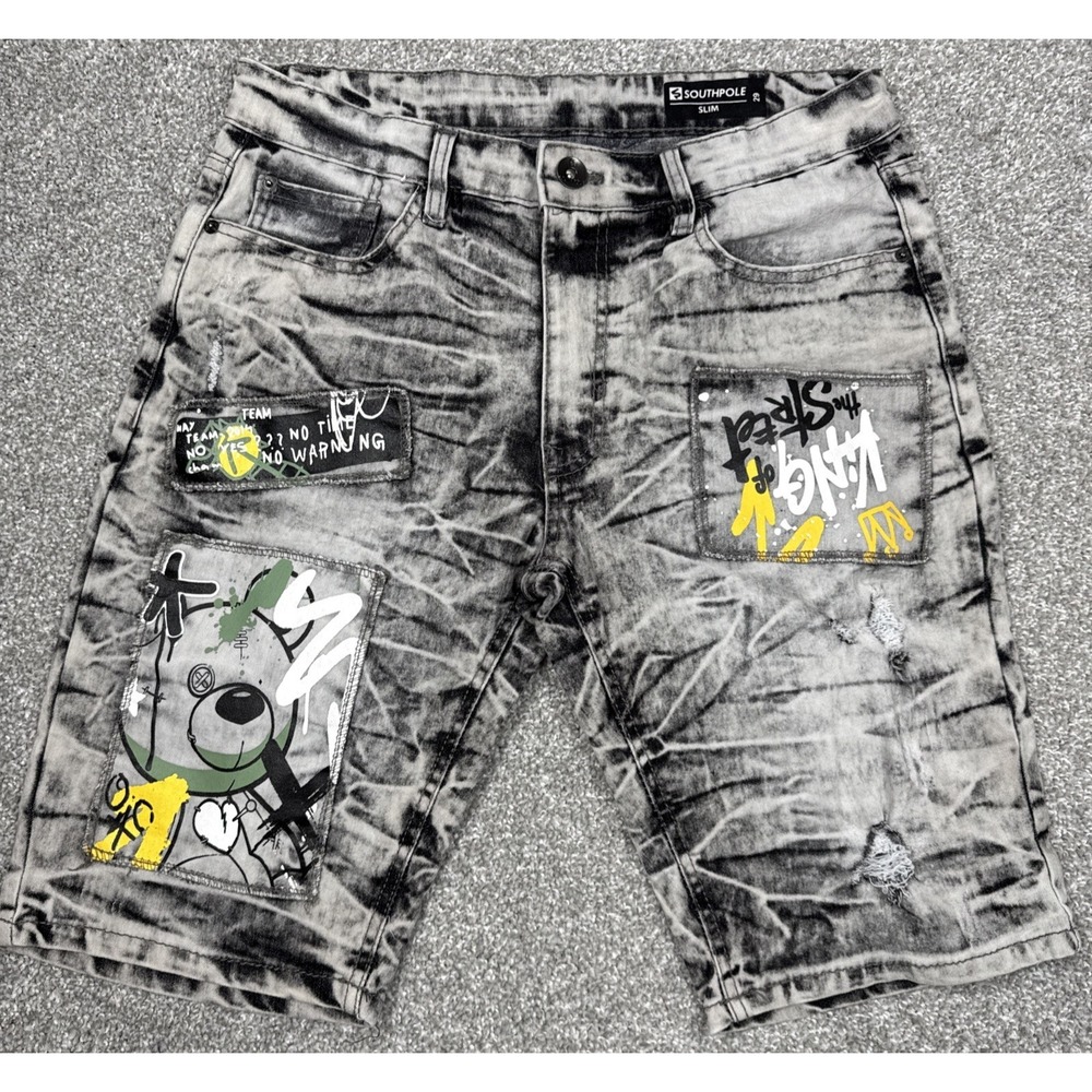 Southpole Y2K Streetwear Gray Distressed‎ Graffiti Graphic Jean Shorts Men's 29